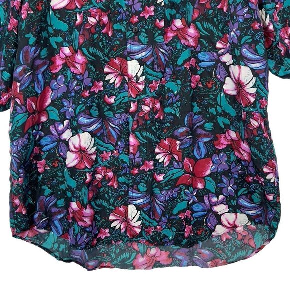 🌺100% Silk large Vintage bright floral tropical Hawaiian button down Miami vice - Picture 9 of 13